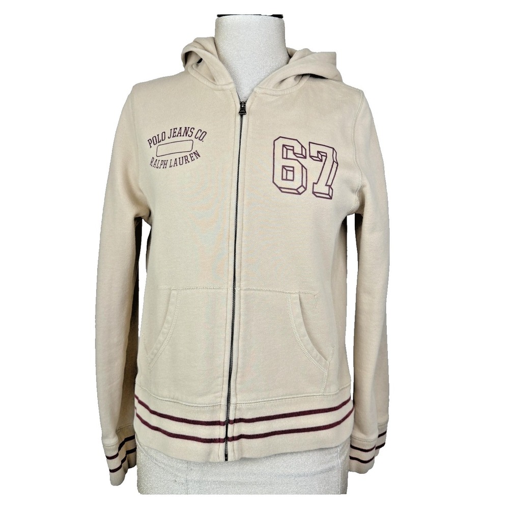 Polo Jeans Co Ralph Lauren Hoodie Womens M Beige Fleece Full Zip 67 Logo Preppy‎
